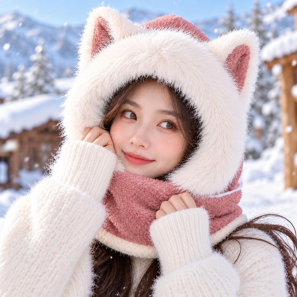 Fox Ear Design Women's Scarf Hat keep warm Integrated Bean Hat Cute Fluffy Hat Scarf Winter
