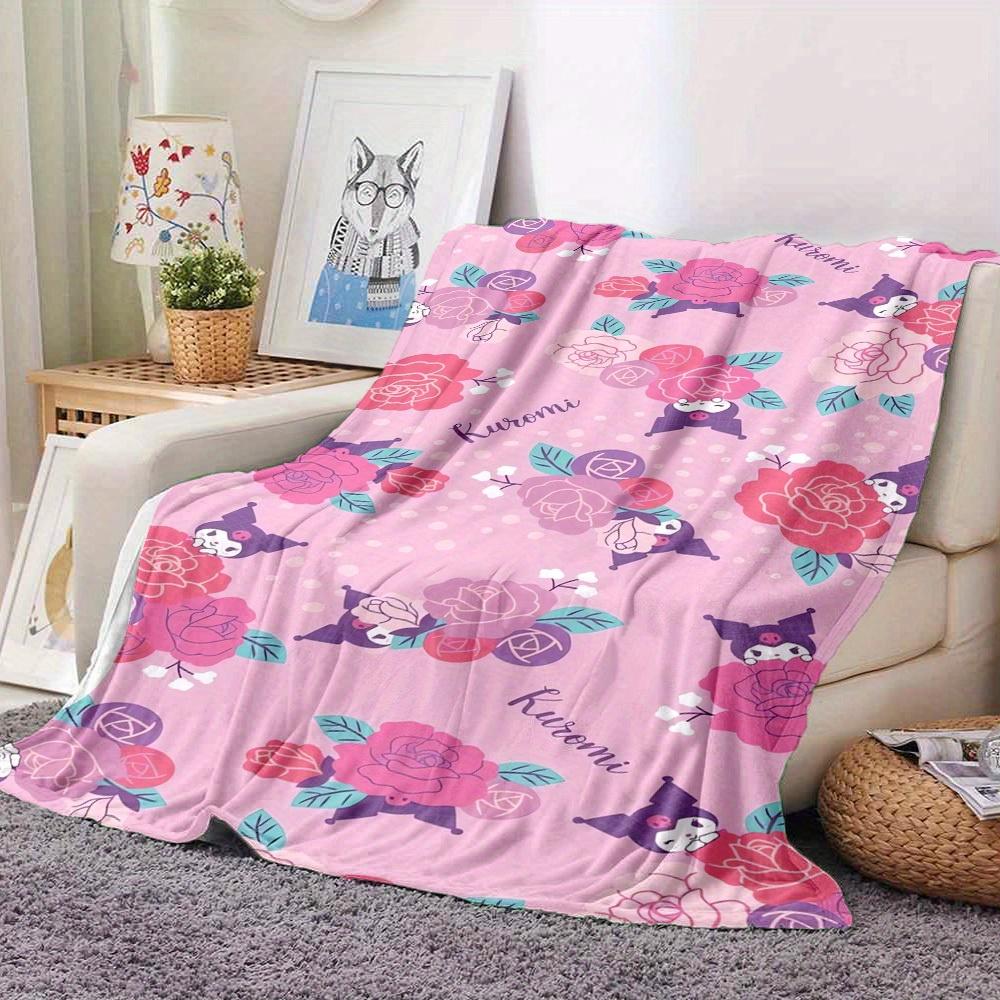 1pc Kuromi, Roses, Pastel RV Blanket, Digital Printed Flannel Blanket, Multi-Purpose Four Seasons Hypoallergenic Quilt for Sofa, Bed, Office