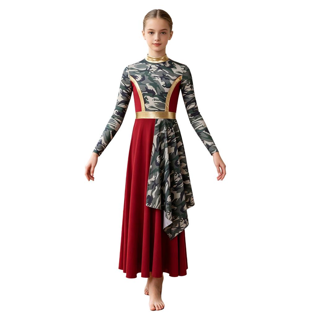 Girls Modern Worship Dancewear Mock Neck Long Sleeve Printed Asymmetrical Drape Dress Back Invisible Zipper for Stage Ministry