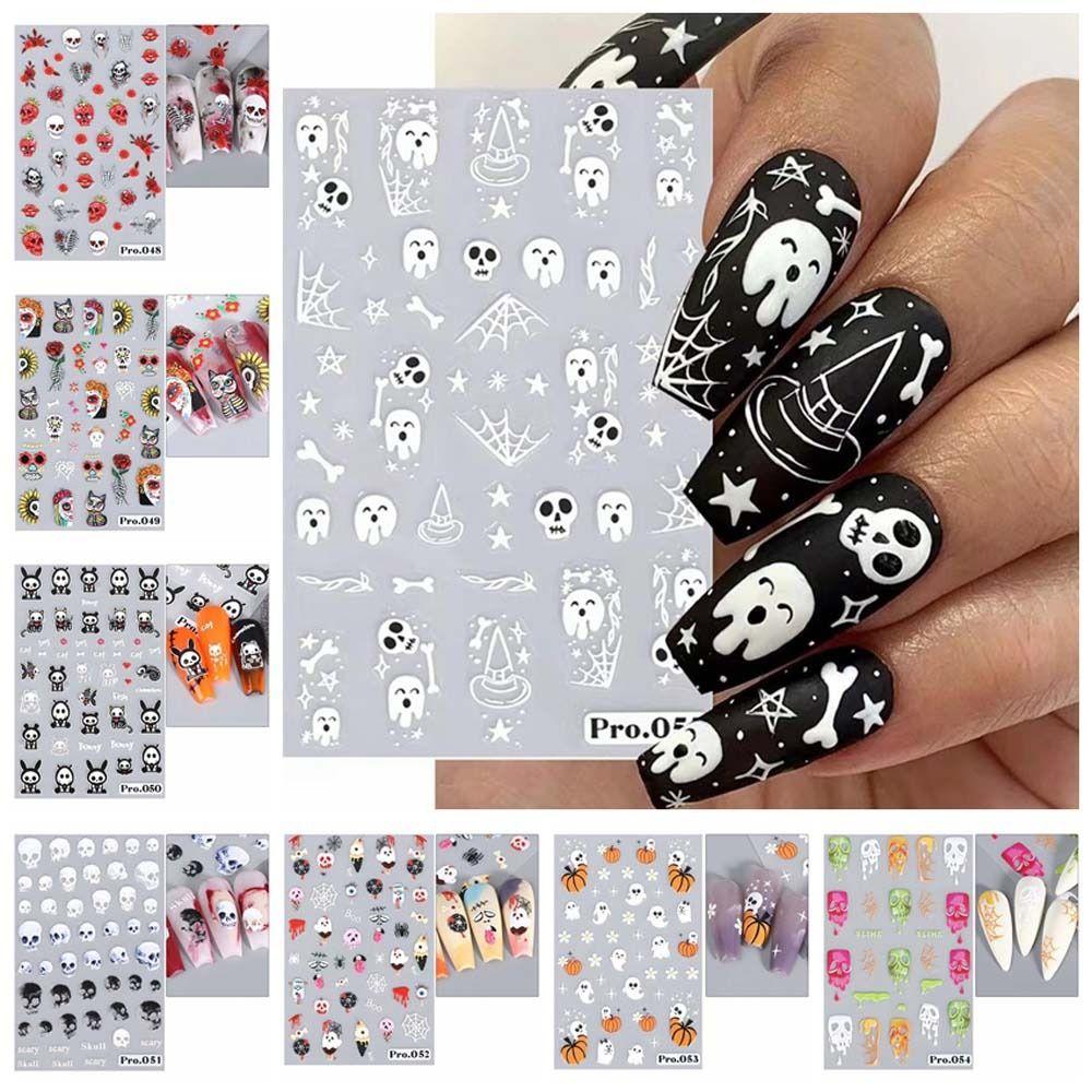 Наклейки на ногти в виде тыквы на Хэллоуин, узор в виде черепа-призрака, наклейки на ногти на Хэллоуин, красочный маникюрный салон