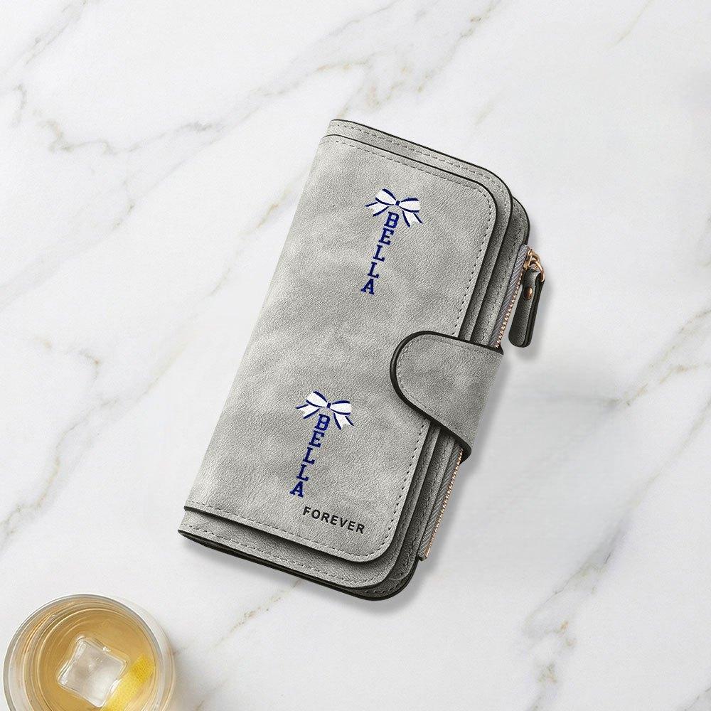 Blue bow with Bella name decoration printed long wallet multifunctional portable coin purse with clasp suitable for daily commuting large capacity