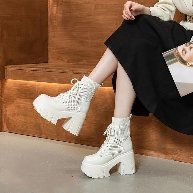 Модные 11 см синтетические женские дизайнерские ботильоны с полыми коленями, роскошные босоножки на щиколотке, летние кроссовки с воздушной сеткой на молнии высокого бренда