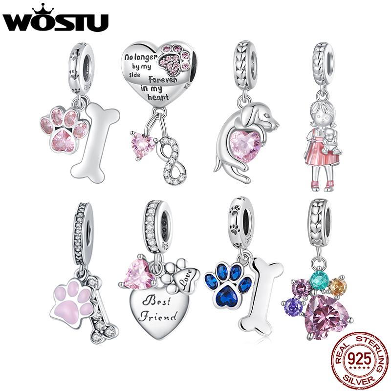 WOSTU 925 Sterling Silver Pink Crytal Heart Charms Cute Pet Paw Bead Fit Original Bracelet Necklace Family New Year Jewelry Gift