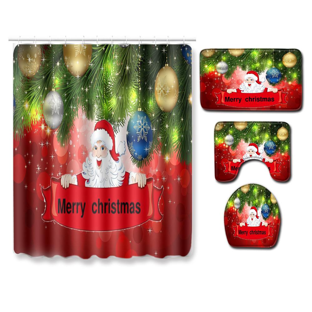 Christmas Shower Curtain Floor Mat Combination Four-Piece Set Bathroom Toilet Carpet Shower Room Mat Foot Mat