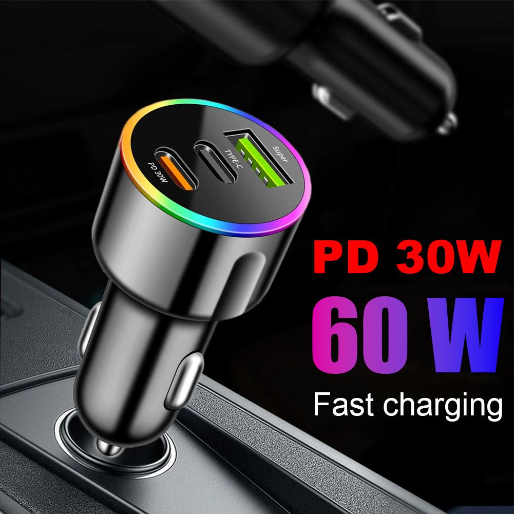 Быстрое автомобильное зарядное устройство 60 Вт PD30 Вт QC3.0 Двойной порт USB C Автомобильное зарядное устройство 7 цветов RGB Атмосферная подсветка Адаптер быстрой зарядки Для мобильного телефона