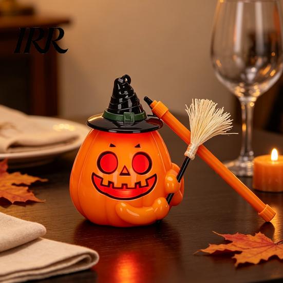 Handheld Pumpkin Pole Light Glowing Halloween Lantern, Jack O Lantern with Witch Hat Broom, Candy Collecting Up Decor, Trick or Treat Prop for