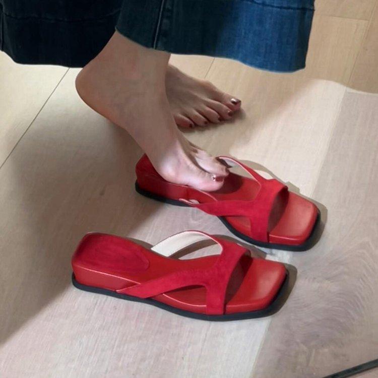 Версия из мягкой кожи~ Корейская версия простых шлепанцев на толстой подошве, женские ретро-повседневные шлепанцы на мягкой подошве с открытым носком, простые крутые шлепанцы