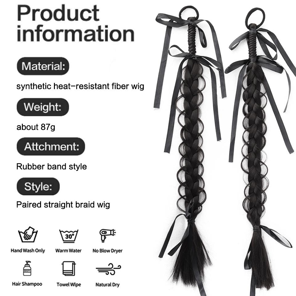 Ponytail Synthetic Wig Elastic Style Boxing Braid Wig with Ribbon Bow Hair Accessories Suitable for Ladies to Wear Daily