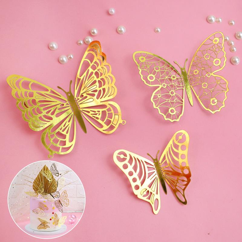 12Pcs Artificial Butterfly Birthday Cake Topper Golden 3D Butterflies Cupcake Toppers For Wedding Party Baking Dessert Decor