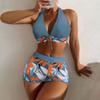 Women's Paneled Printed Swimsuit Ladies Fashion Sexy Split Boxer High Waist Swimsuit Two-Piece Set V-Neck Bathing Suits Female