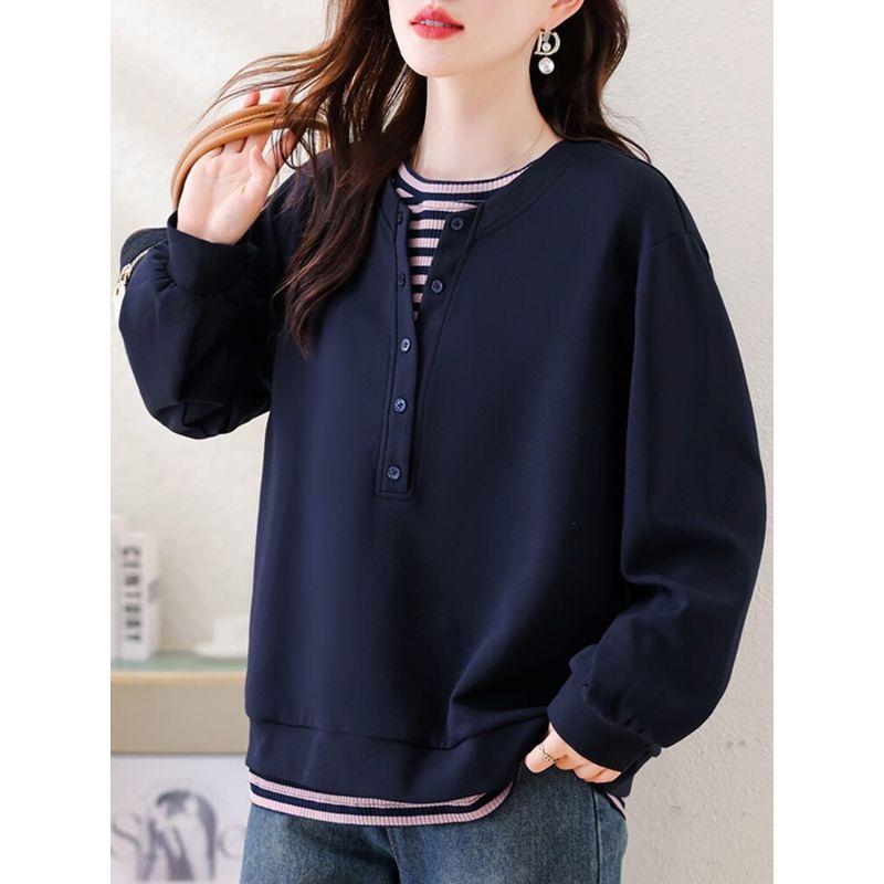 September Momo Fashion Stripe Fake Two Pieces Hoodie Ozhouzhan Plus size Leisure Women clothes 2025 New Autumn clothes Top