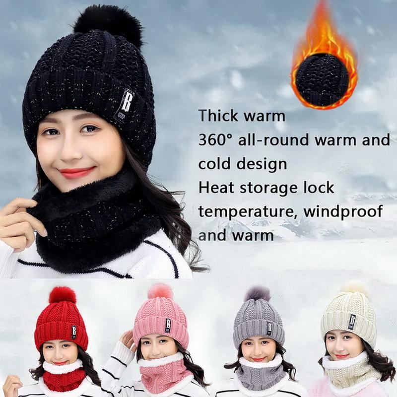 Winter Knitted Scarf Hat Set Thick Warm Skullies Beanies Hats for Women Solid Outdoor Snow Riding Ski Bonnet Caps Girl