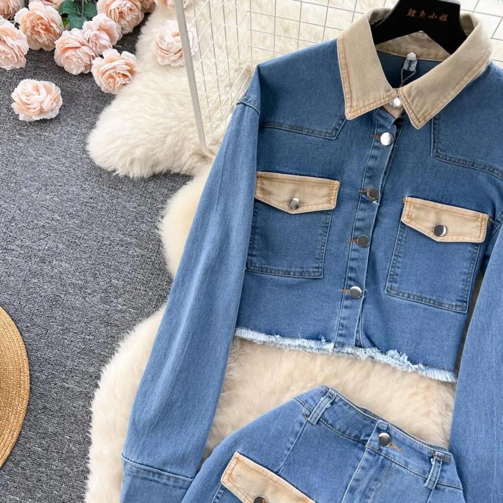 Новая женская джинсовая куртка с лацканами, юбка в полный рост, комплекты из двух предметов, модный женский костюм, джинсовые комплекты