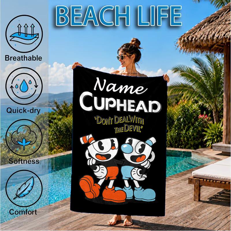 Custom Name Cuphead Microfiber Beach Towel, Quick-Dry, for Summer Travel, Beach Essential, Picnic Essentials, Swimming Pool