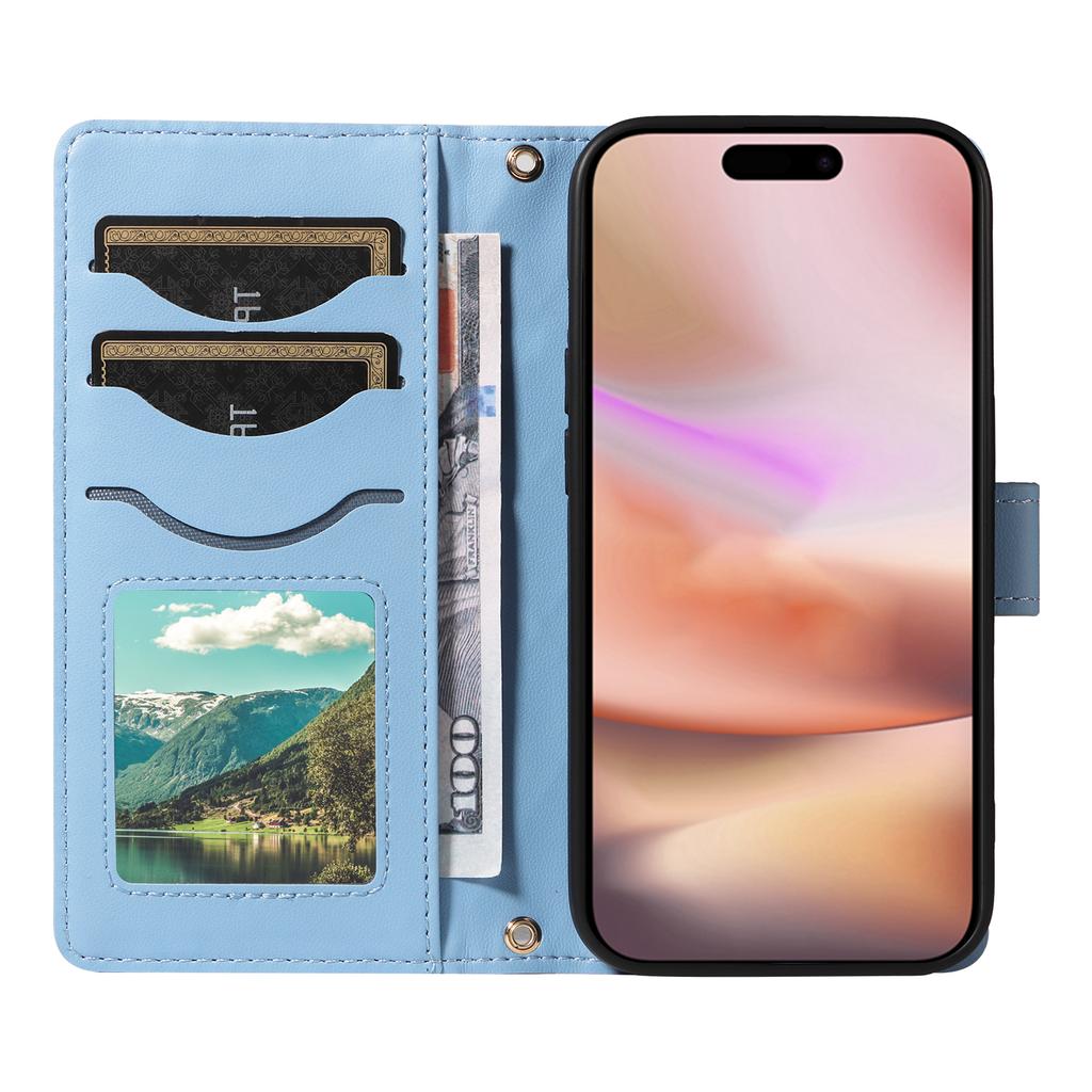 For iPhone 16 Case Wallet Quilted Leather Phone Cover with Shoulder Strap, Wrist Strap