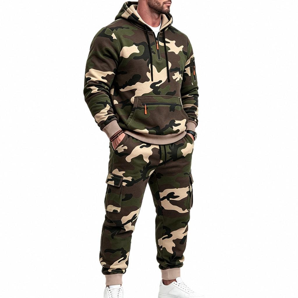 Men's Camouflage Hooded Sweatshirt and Sweatpants Set - Casual Athletic for Cold