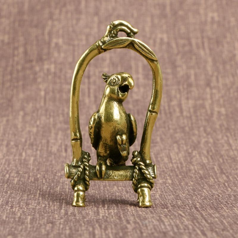 Animal Bird Key Chain Pendant Jewelry Decors Antique Copper Crafts Bird Cage Parrot Figurines Miniatures Desktop Ornaments Brass
