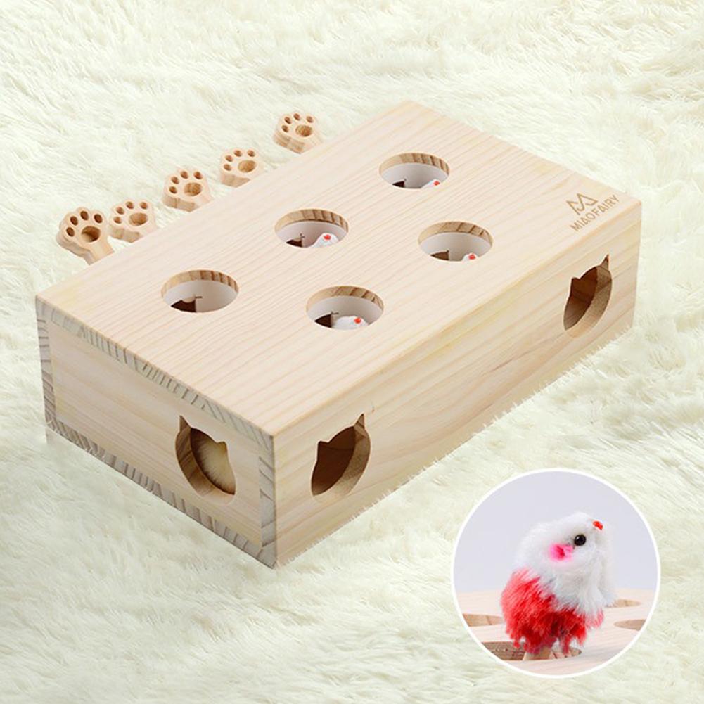 Wooden Cat Toy Interactive Cat Whack-A-Mole Mouse Wooden Brain-Teaser Box Cat Enrichment Toys for Indoor Cats & Kittens Playing