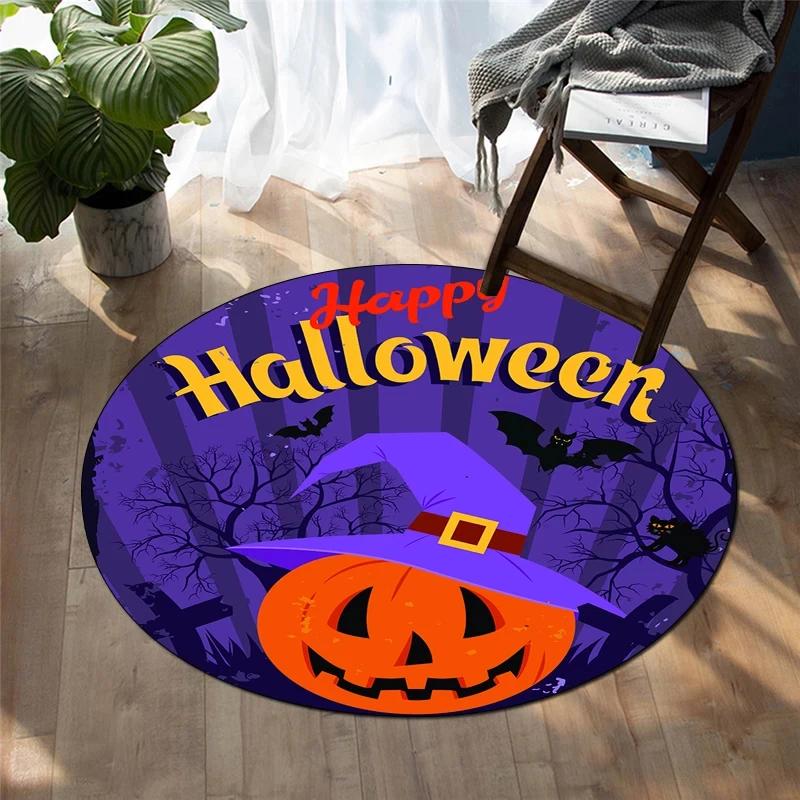 Happy Halloween Round Carpet Castle Bat Print Area Rug for Living Room Bedroom Chair Non Slip Horror Theme Floor Mats Yoga Mat