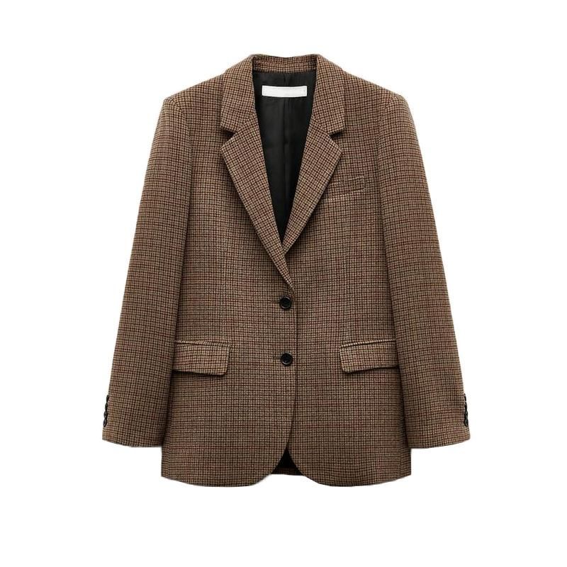 Осень и Зима Новая Женская Одежда Мода Ветрозащитный Лацкан Длинные Рукава Шерстяная Смесь Клетчатый Блейзер 3736260