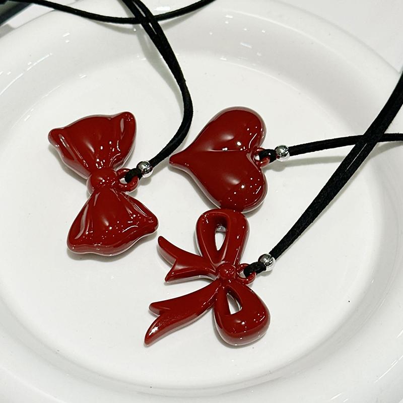 Simple Versatile Red Heart Bowknot Necklace For Women Girls Big Heart Pendant Necklaces Jewelry Accessories Gifts