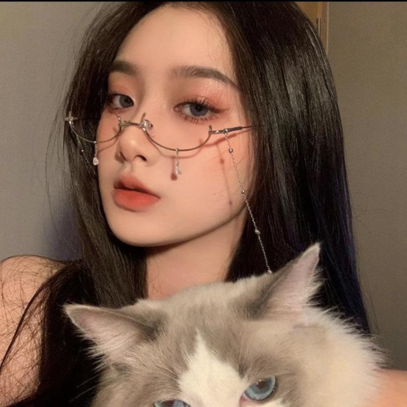 Оправа для очков без линз в форме полурамы, оправа для очков в стиле ретро с цепочкой без верхней оправы, персонализированные декоративные аксессуары, изогнутые оправы.