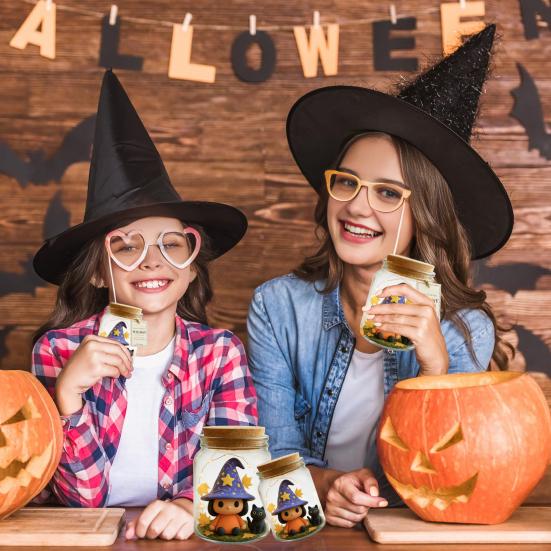Adopt A Witch Hat Jar Halloween Witch Hat Doll with Black Cat In Jar Cute Light-up Decorative Jar for DIY Craft Gifts Party Favors