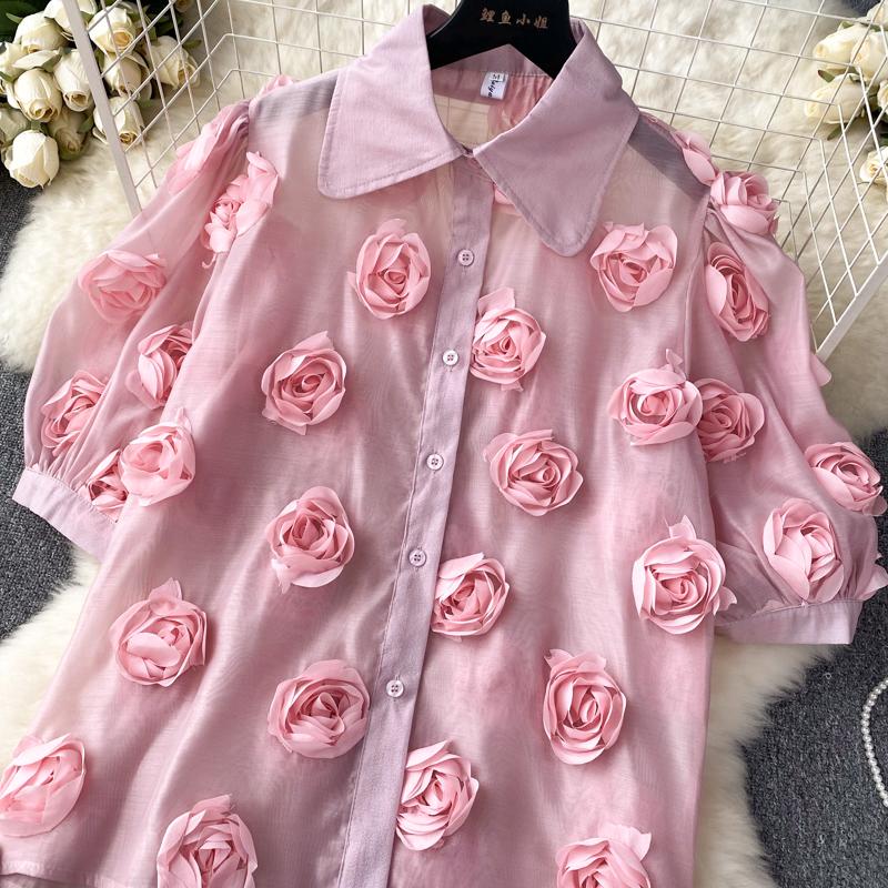 Женские комплекты в стиле французского ретро, ​​новая модная летняя рубашка с короткими рукавами с 3D цветком, топы + пышная юбка, костюм из двух предметов