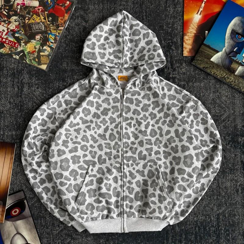 Y2K Black Leopard Print Zip Up Hoodie Men Women Streetwear Oversized Fleece Sweatshirt