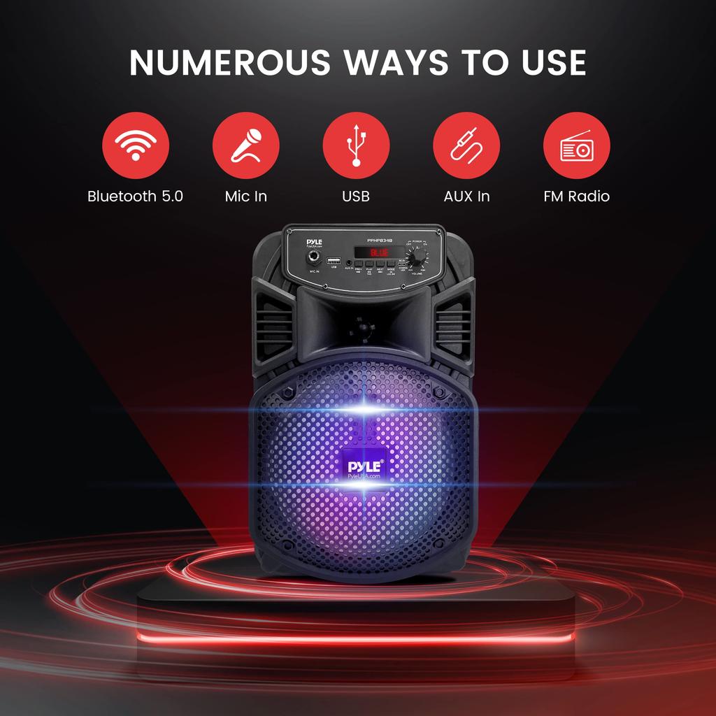 Беспроводная портативная Bluetooth-колонка PYLE с максимальной перезарядкой, идеально подходит для и Особенности включают мигающую вечеринку и 8-дюймовую 300-ваттную выходную мощность PPHP834B,