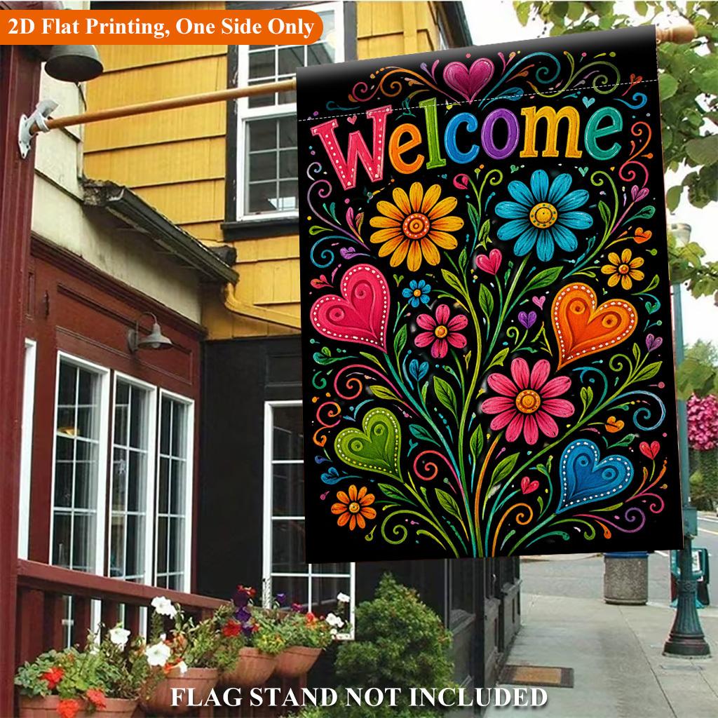 Welcome with Colorful Flowers Single Sided Polyester , Garden Flag - Single-Sided, Polyester, Outdoor Yard Decor