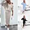 2 Pcs/Set Women Top Dress Set V Neck Long Sleeves Solid Color Top High Waist Sheath Skinny Midi Dress Daily Commuting Dating Sweatshirt Dress Set