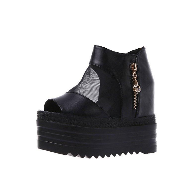 Fish Mouth Sandals Women Summer Shoes Mesh Breathable Thick Bottom Ladies Shoes Wedges Black White High Heeled Sandales Femmes