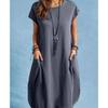 Women Casual Loose Dress European American Style Solid Color Cotton Linen Fabric Pocket Spring Summer