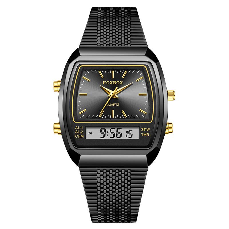 FOXBOX Couple Watch Business Casual Waterproof Dual Display Digital Wristwatch Mesh Band Silver