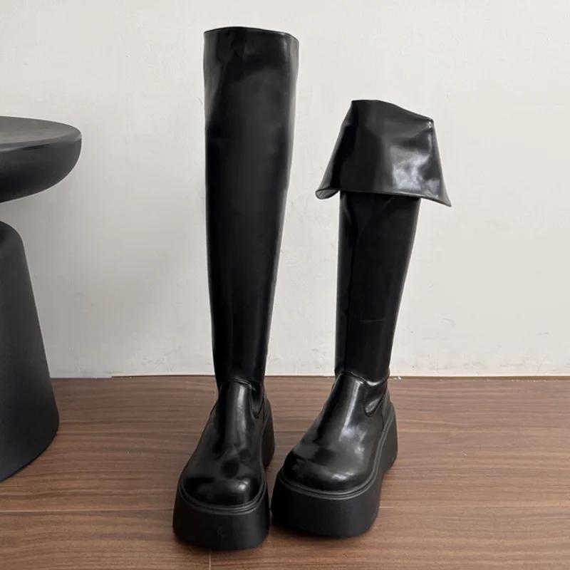 Модные туфли на платформе женские ботфорты выше колена зимние ботинки бренд Fad туфли на высоком каблуке тренд зима 2025 готическая кожаная обувь боты женские