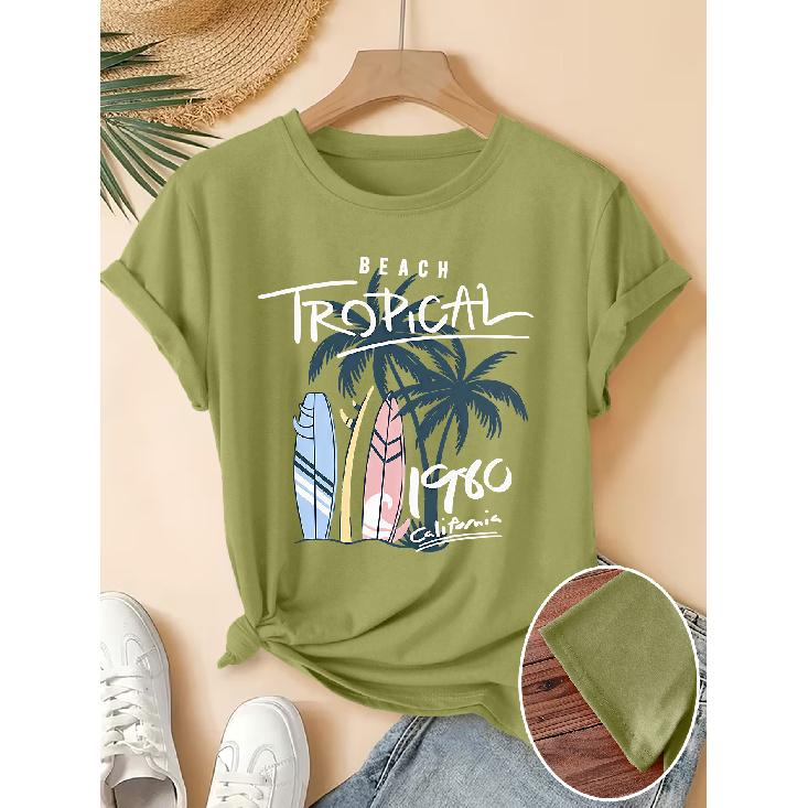 Women's Elegant Short Sleeve Gift with Coconut Tree Surfboard California Beach Print Pattern Vintage Round Neck T Fresh and natural style