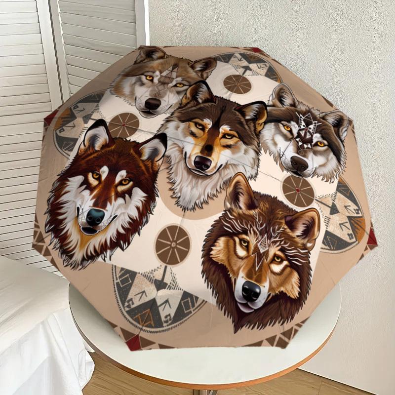 1pc Wolf Spirit Mandala Umbrella with Plastic Handle,Suitable for All Seasons Home Travel Outdoor UmbrellaDD259
