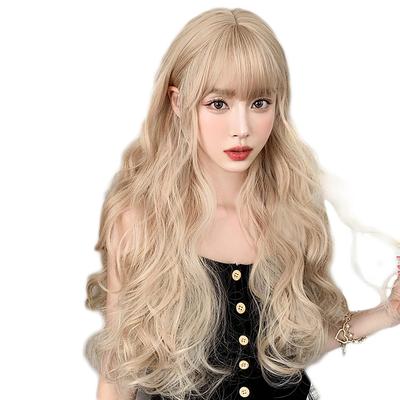 Длинный, волнистый, кудрявый, полный парик, блонд, выглядящий естественно, женский парик с прямой челкой, популярный, слим-эффект, термостойкий, с сеткой