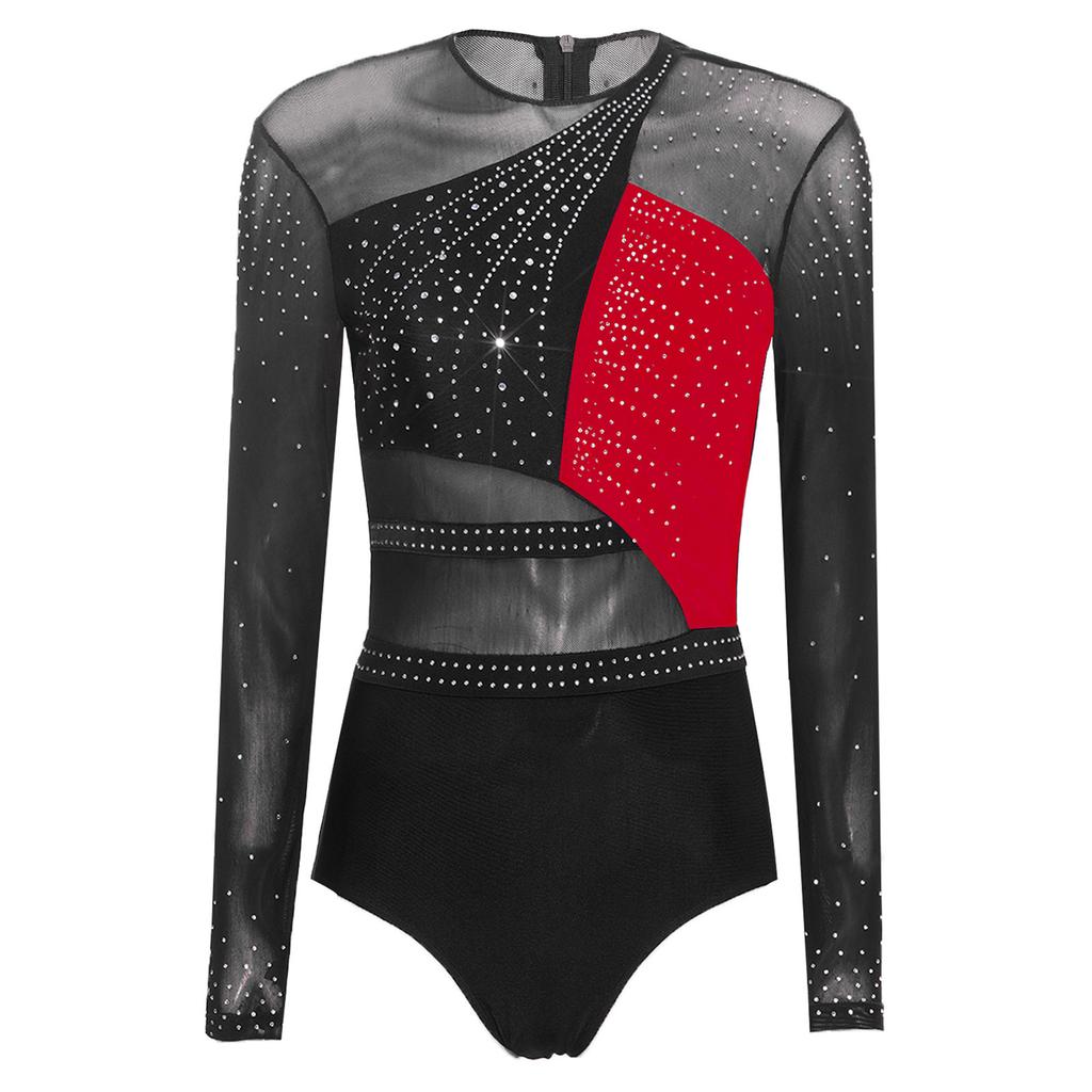 Women Shiny Rhinestones Patchwork Sheer Long Sleeve Color Block Gymnastics Leotard Bodysuit