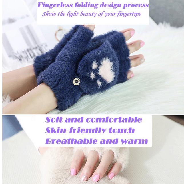 Winter Warm Soft Rabbit Fur Knit Mittens Women Flip Half Finger Plush Thick Cute Cartoon Cat Claw Touch Screen Driving Gloves I1