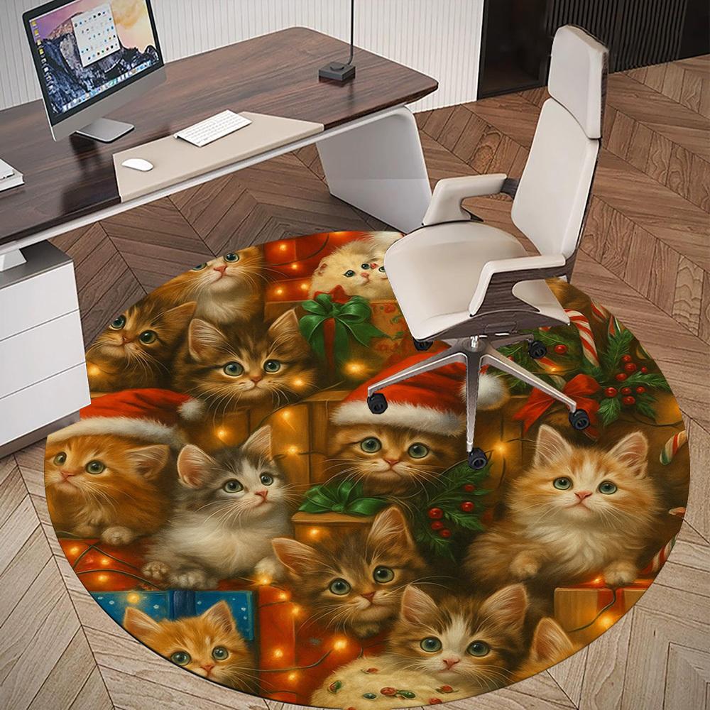 1pc Christmas kittens Round Chair mat Area Rug - Non-Slip, Floor Mat for Office, Bedroom, home decor Christmas Gift p0811379
