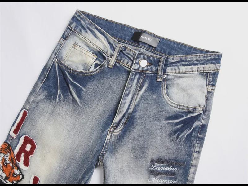 Мужские ретро-узкие синие джинсы с вышивкой в виде дырок