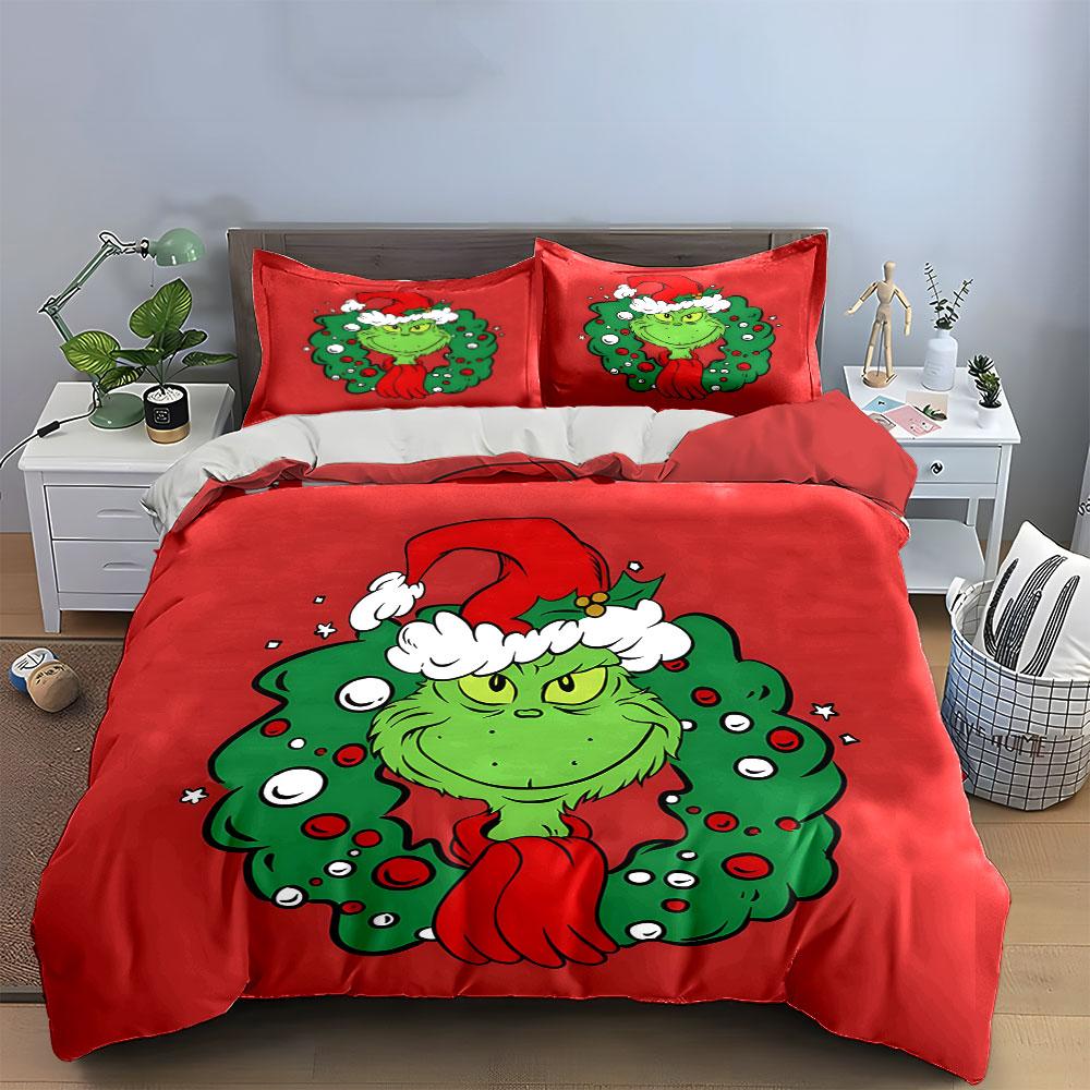 Green Grinch with Christmas Wreath Bedding Duvet Cover Set Duvet Cover Pillowcases (1*Duvet Cover 2*Pillowcases, without duvet insert)