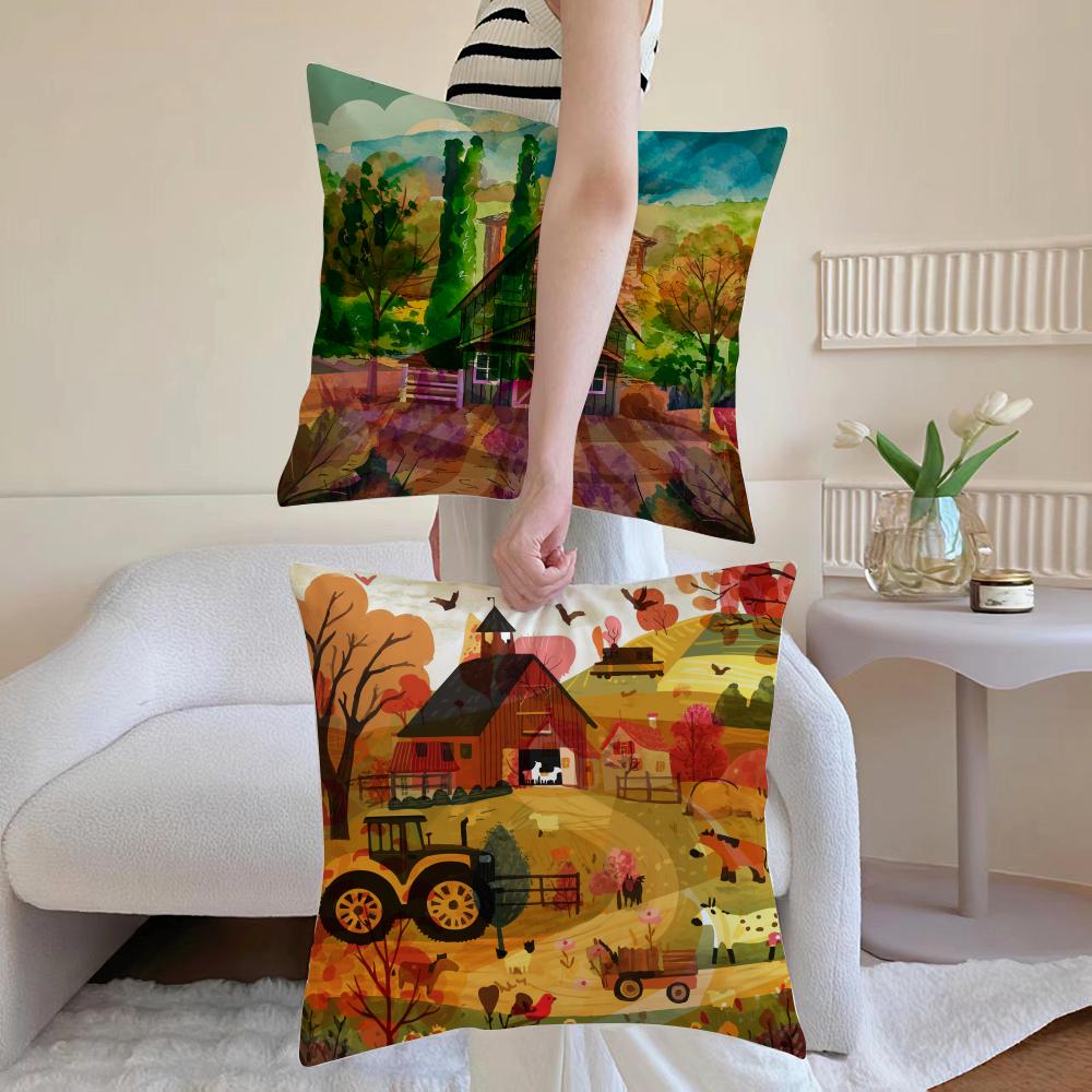 Colorful Farm Painting Pillow Case Antidustmite Pillowcase Invisible Zipper Silky Short Plush Sofa Cushion Cover
