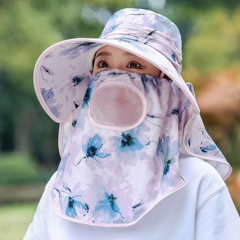 Pattern Flower Fan Women Breathable Sunshade Hat With Detachable Face Mask