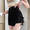 Black High-Waisted Irregular Drawstring Culottes Skirt - Women's Summer 2024 A-Line Hip-Wrapping Midi Skirt