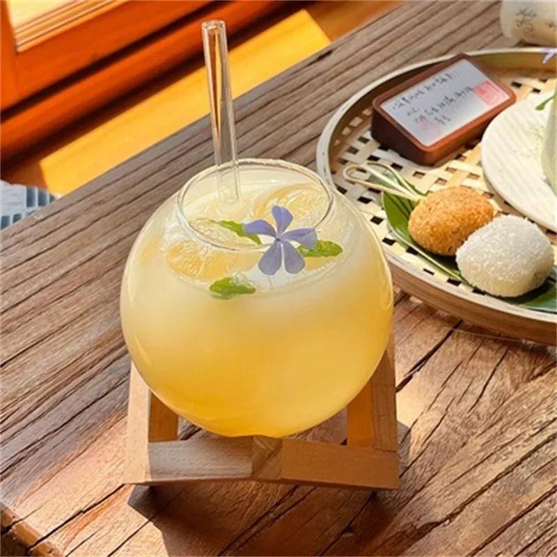 Cocktail Round Ball Glass Cup with Wood Holder Straw Transparent Moon Ball Cold Drinking Juice Cups Holiday Beach Glass Cup