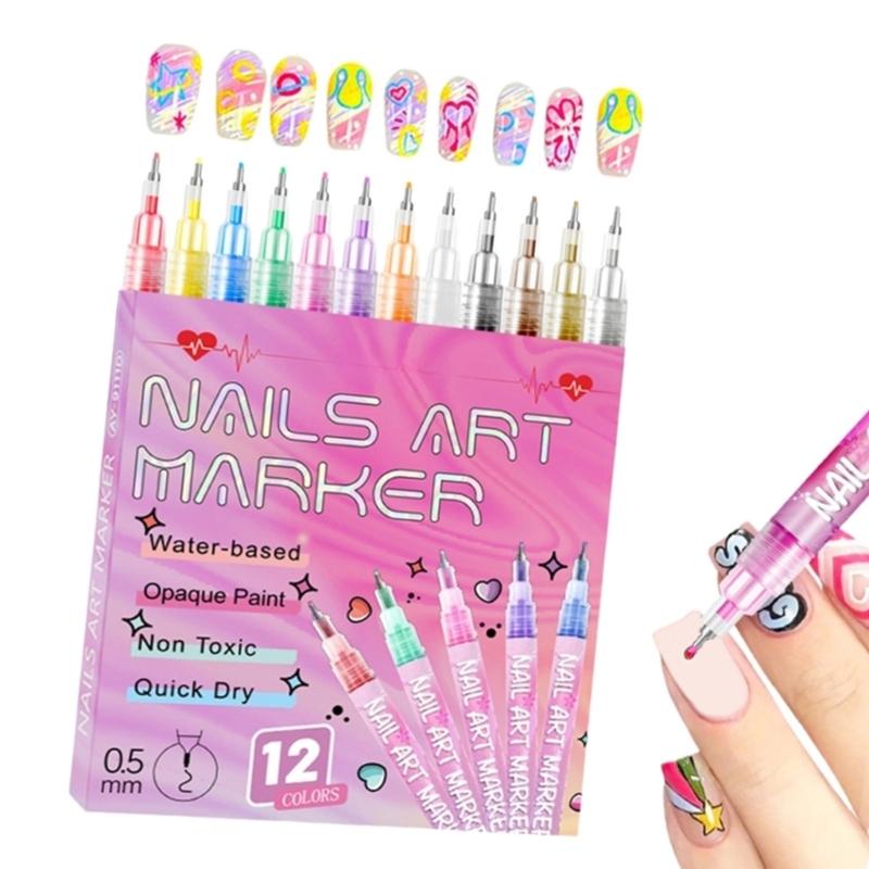 Ручки для дизайна ногтей 12 цветов Быстросохнущие Водостойкие Маркеры для ногтей для Гелевой росписи Лайнер и Инструменты для дизайна ногтей для домашнего салона
