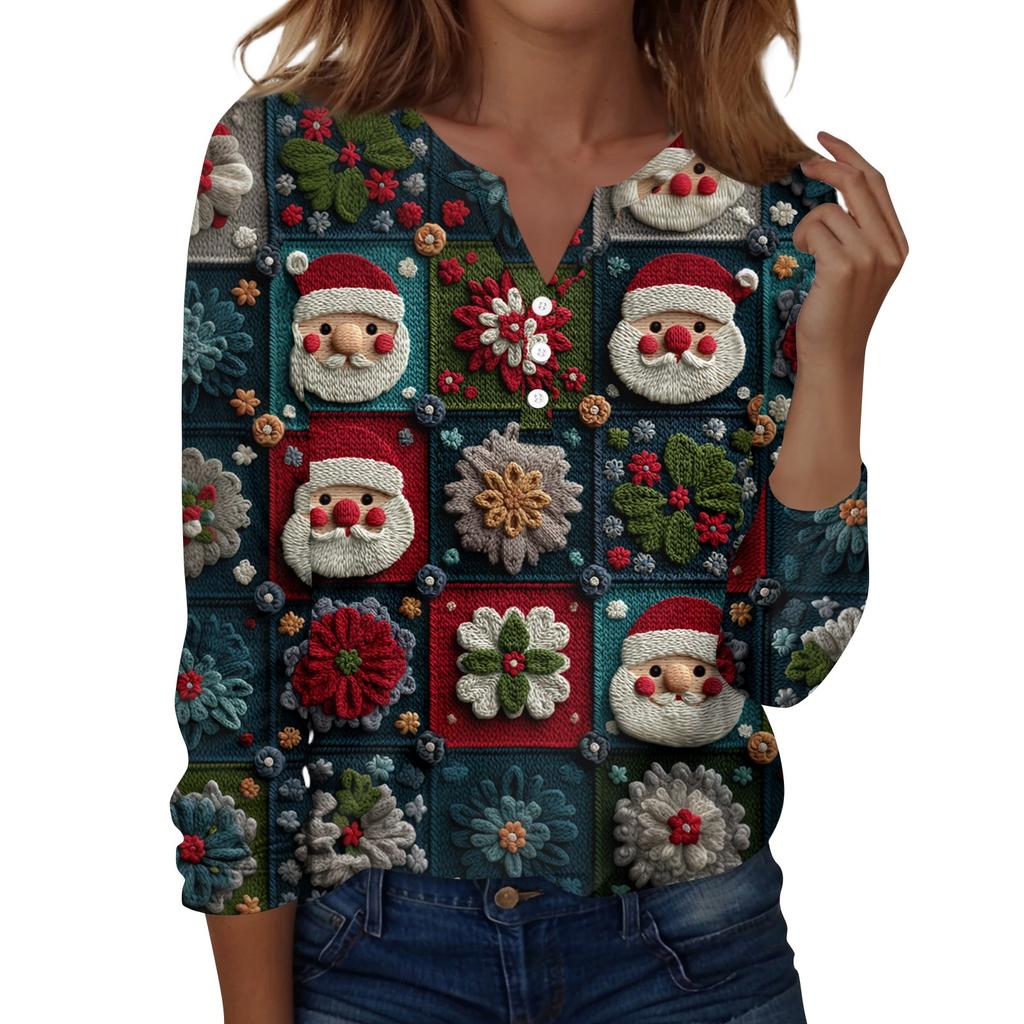 Women's Fashion Casual H Printed V-Neck Long Sleeve Decorative Button T-Shirt Tops